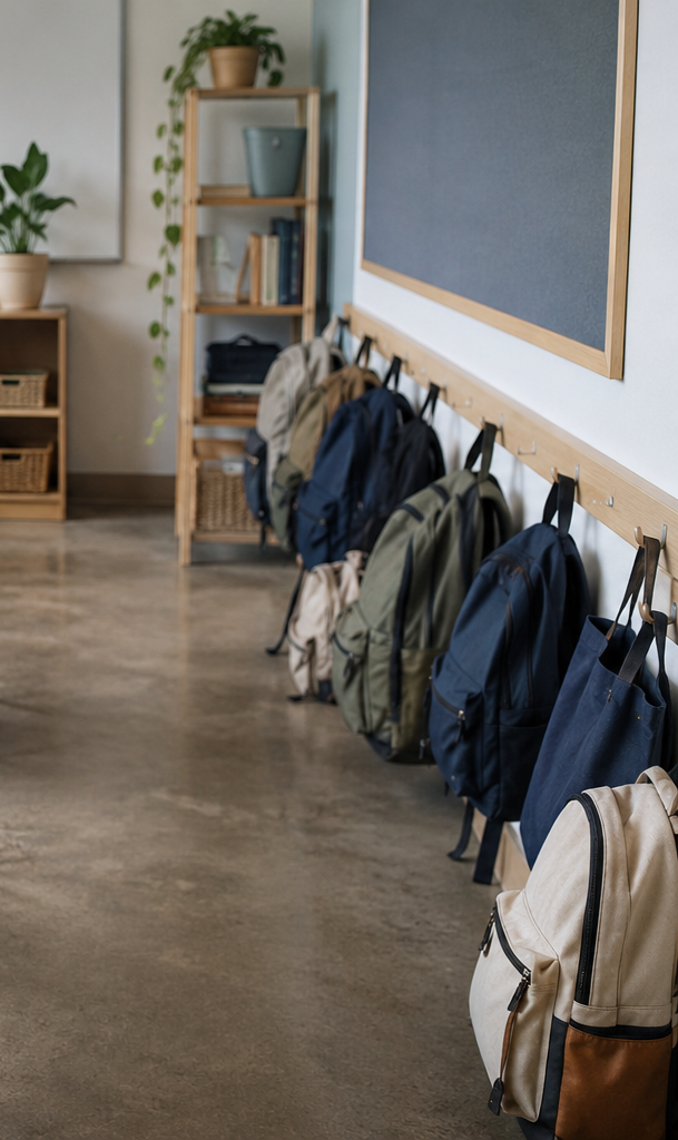 Backpacks hanging in a classroom, representing organization and everyday school routines