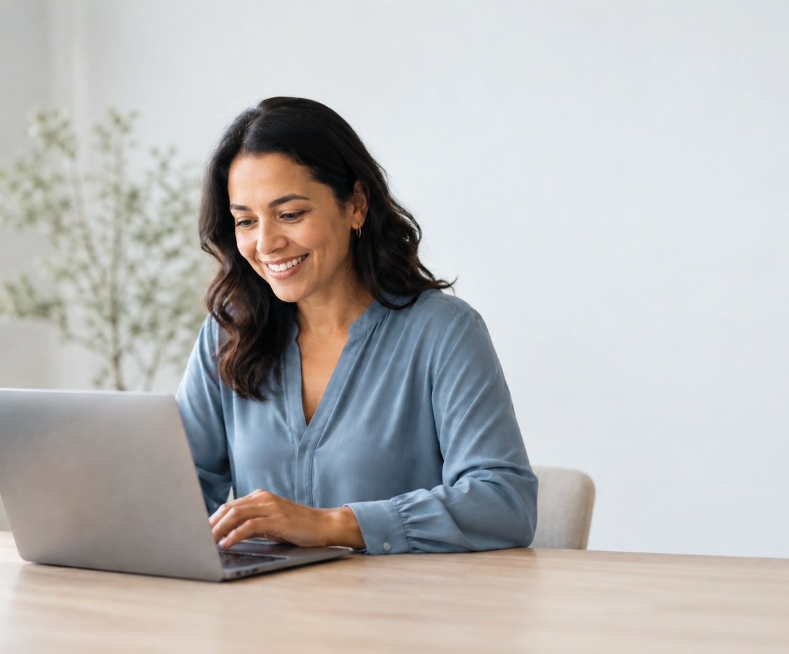 Parent uses a laptop at home while researching next steps after a school screener.