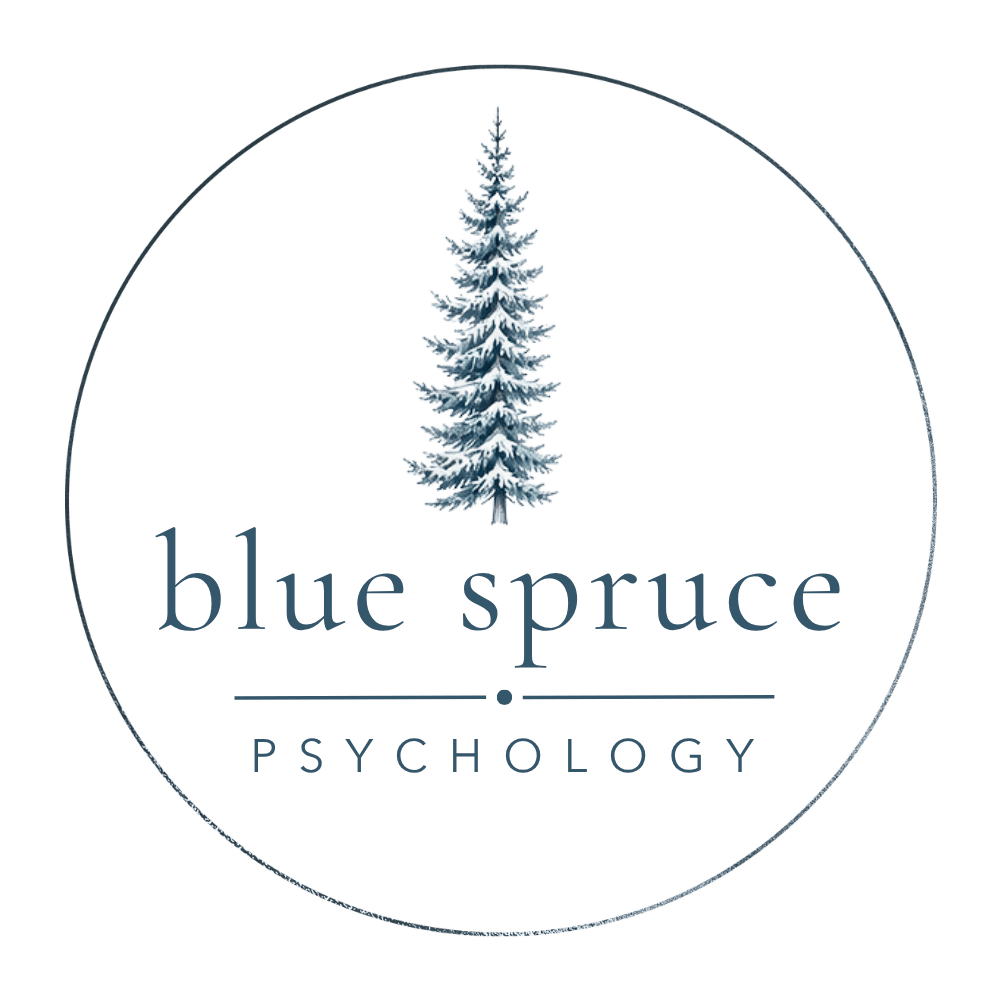 Logo for Blue Spruce Psychology featuring a snow-covered spruce tree inside a circle with text.
