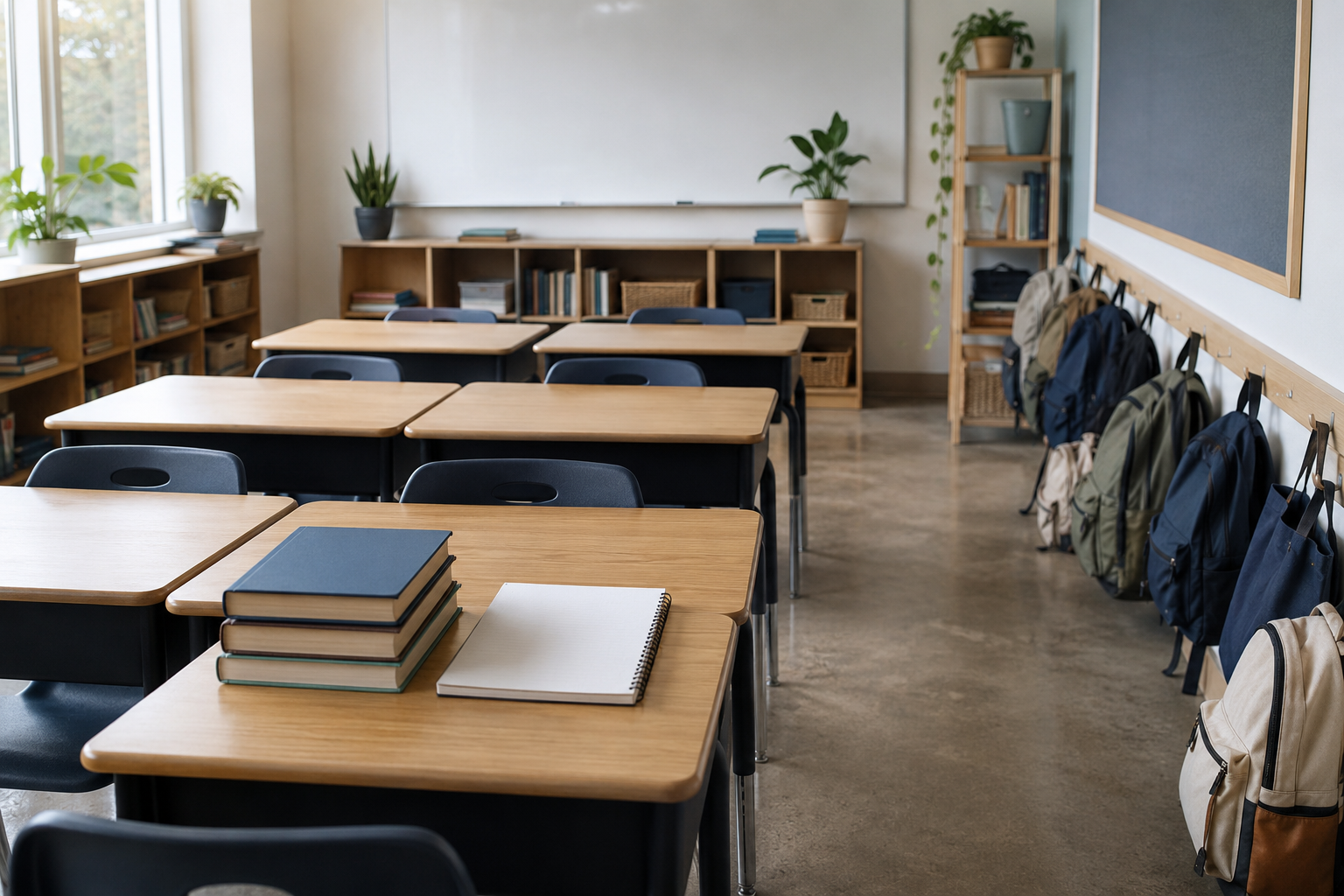 Empty classroom with books and backpacks beside eight signs a child may need an assessment