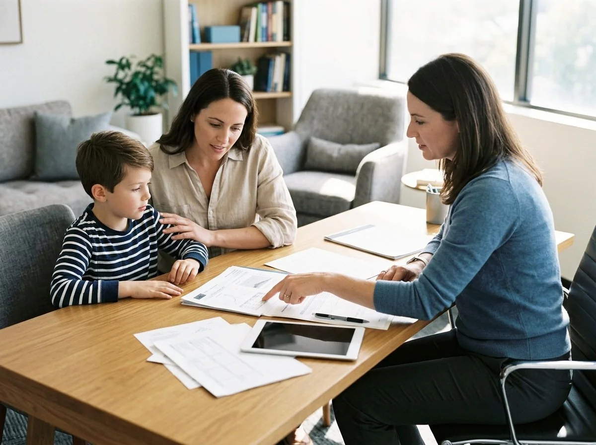 Psychologist meeting with a parent and child during an assessment in Calgary