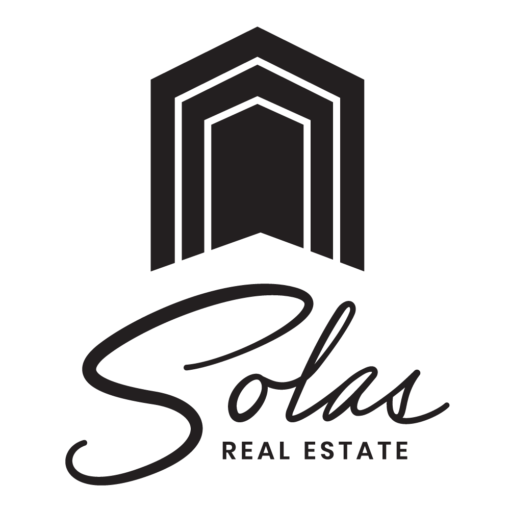Logo for Solas Real Estate featuring a stylized open door design with the word 'Solas' in cursive and 'Real Estate' in uppercase underneath.