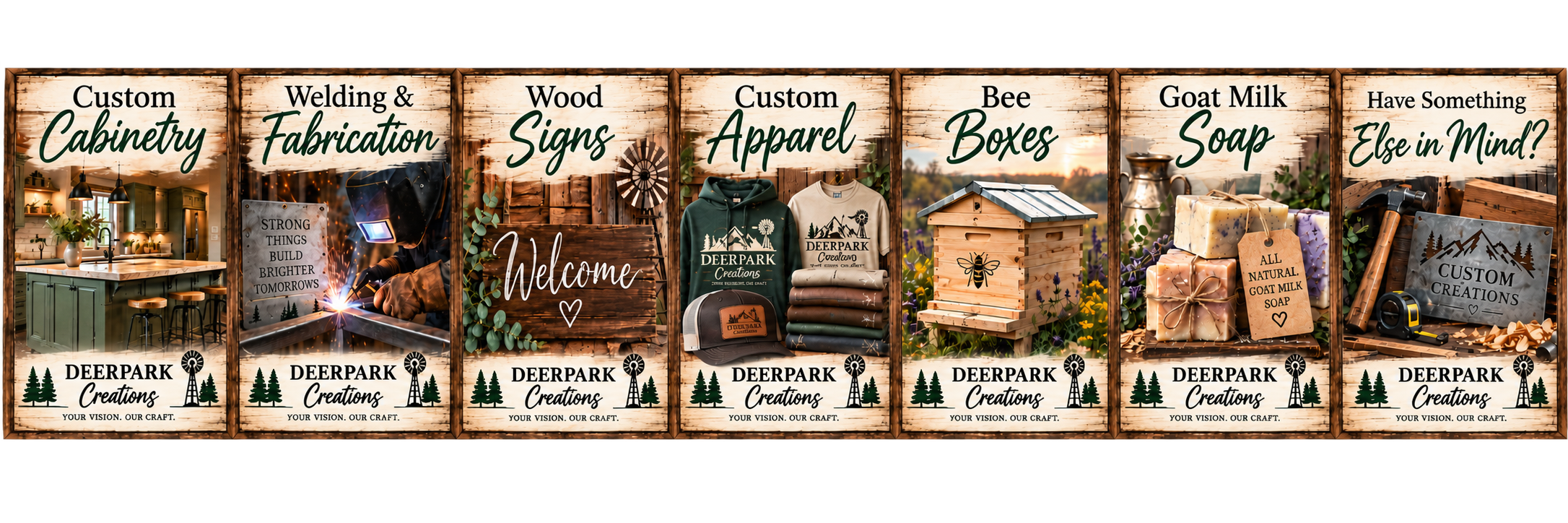 Collage of seven shop sign advertisements for Deerpark Creations, showcasing home interior design, welding, wood signs, custom apparel, bee boxes, goat milk soap, and general craft items.