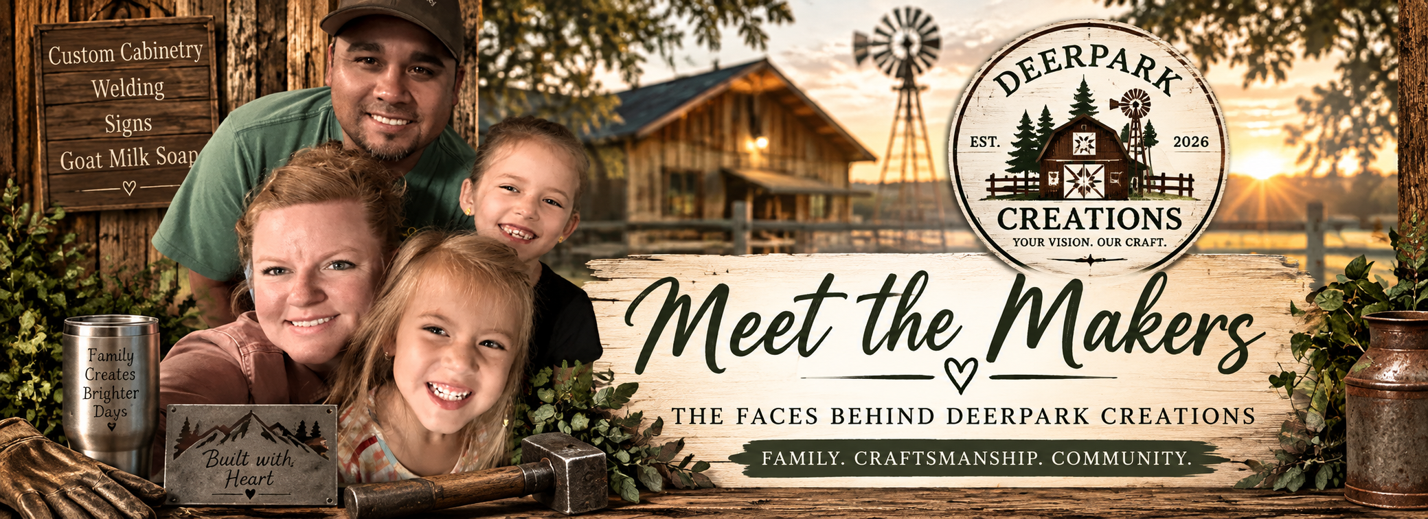 A family of four smiling in front of a rustic farm setting with a barn, windmill, and sunset. Signage advertises custom cabinetry, welding, signs, and goat milk soap. Large sign introduces Deerpark Creations with the motto "Your vision, our craft," and features the text "Meet the Makers." Smaller signs include "Family creates brighter days," "Built with heart," and "The faces behind Deerpark Creations."
