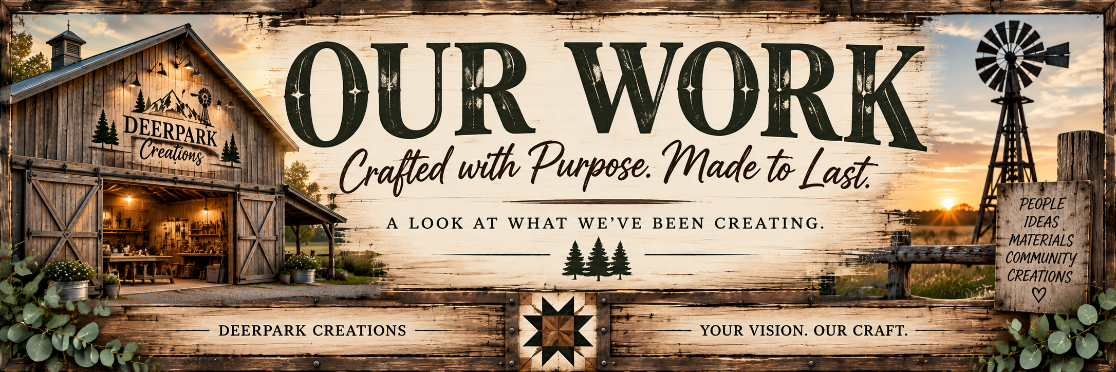 Sunset view of a rustic wooden barn with open sliding doors, illuminated interior displaying crafted items, and surrounding greenery. Text overlay reads 'Our Work crafted with purpose. Made to last.' with logos and decorative elements for Deerpark Creations.