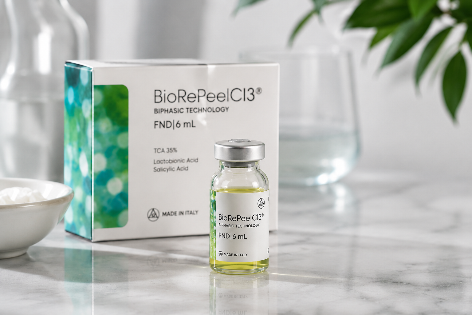 A small glass vial labeled BioRePeelCI3 with a metal cap, placed in front of a white box with similar branding, on a marble surface with a blurred background of a bowl, glass of water, and greenery.