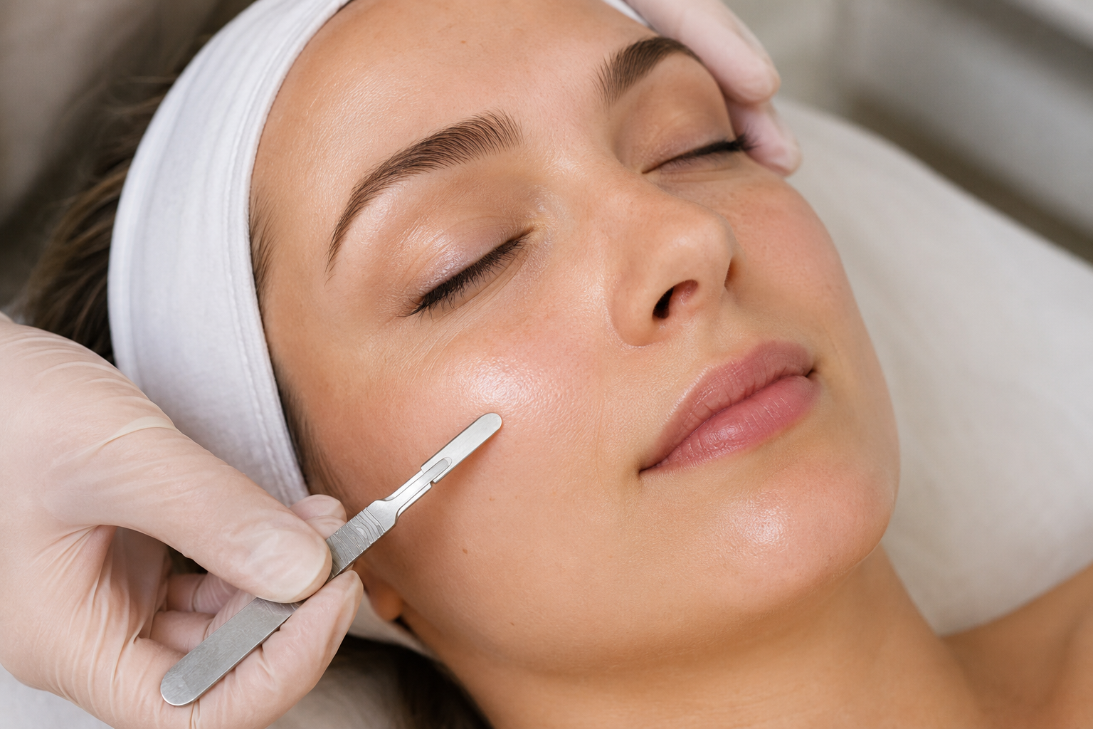 A woman receiving a facial treatment, with a esthetician using a skincare instrument on her cheek, in a spa or skincare clinic.
