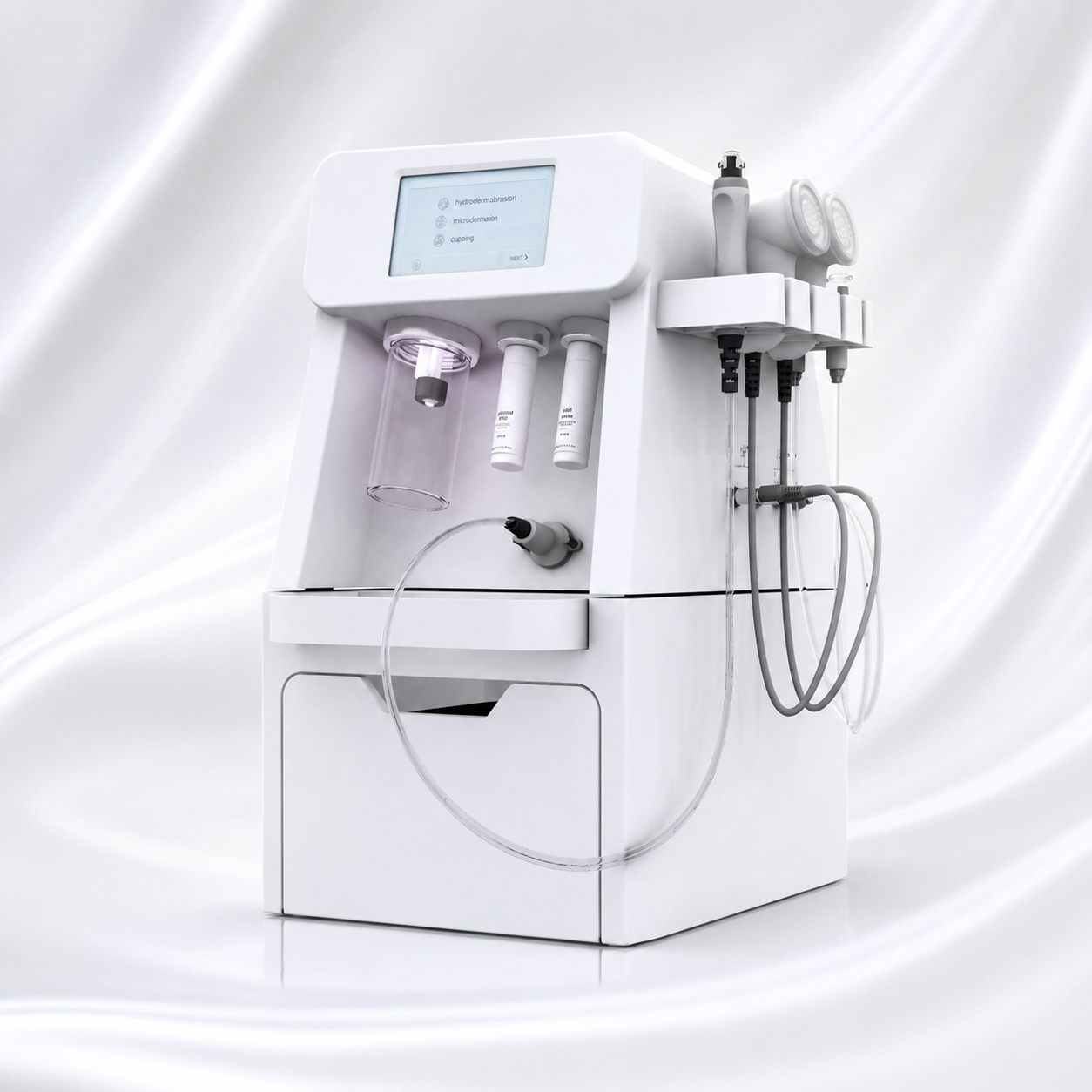 Medical device with digital display, attached tubes, and handpieces, likely used for skin treatments or dermatology procedures.