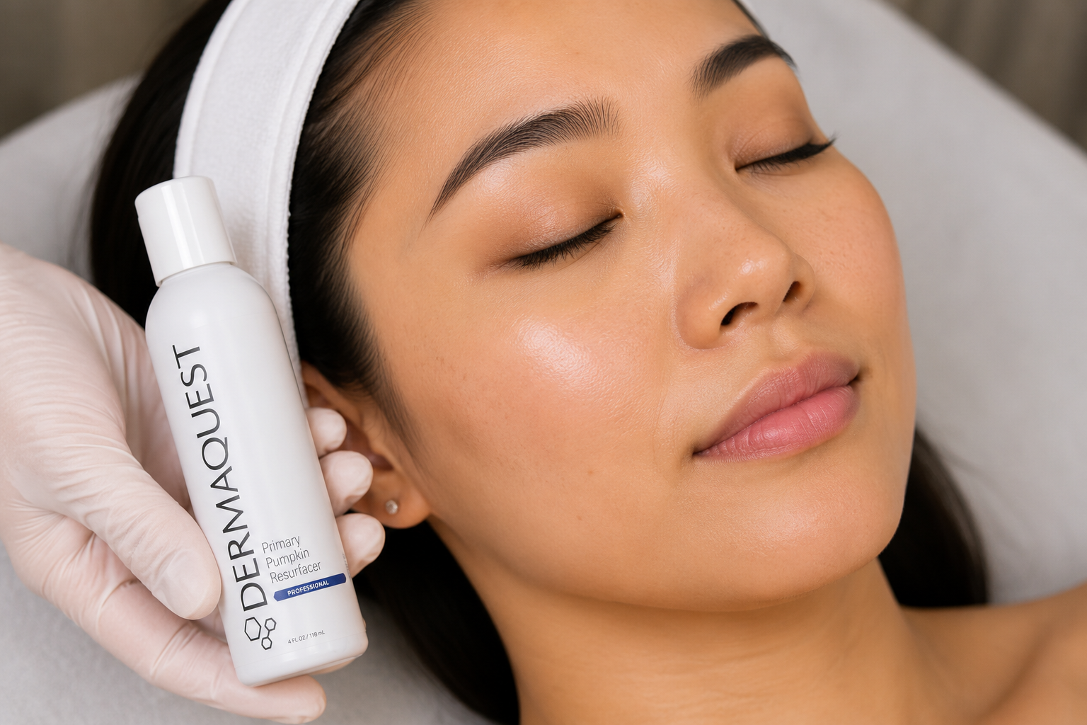 Close-up of a woman with clear skin relaxing with a skincare treatment, holding a bottle labeled 'DERMABOUST Primary Pumpkin Resurfacer' near her face.