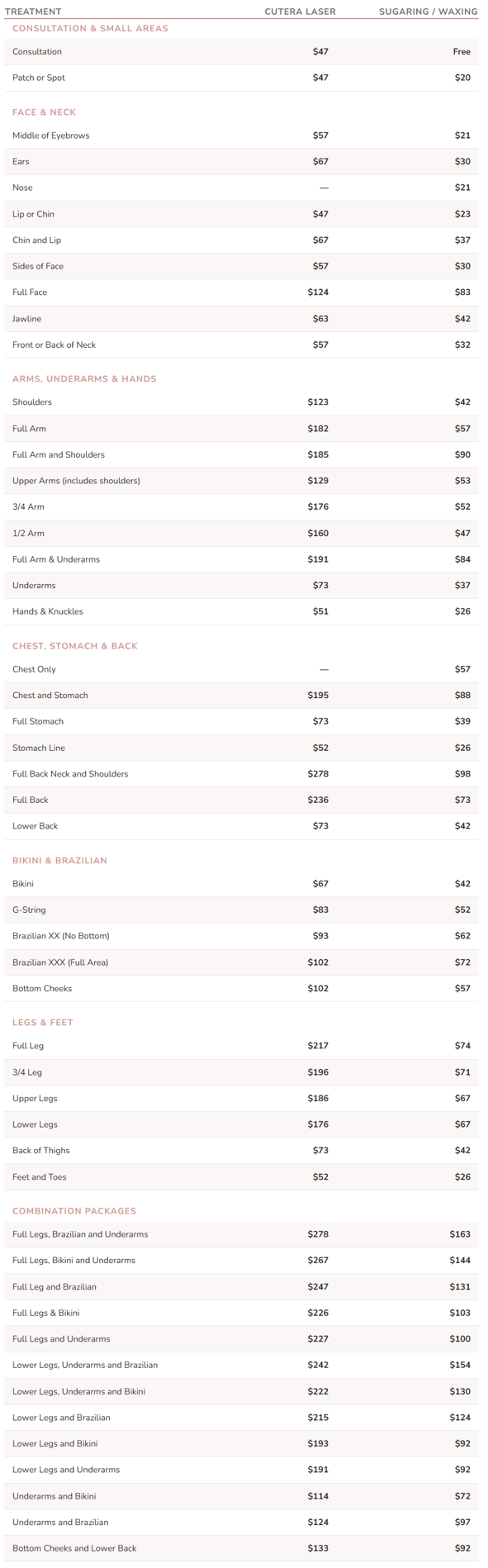 Price list for various cosmetic treatments including consultation, patch or spot, eyebrow, ear, nose, lip, chin, face sides, full face, jawline, neck, arms, underarms, hands, chest, stomach, back, bikini, Brazilian, legs, toes, and combo packages. The list includes treatment names and prices for curetta laser and sugaring/waxing.