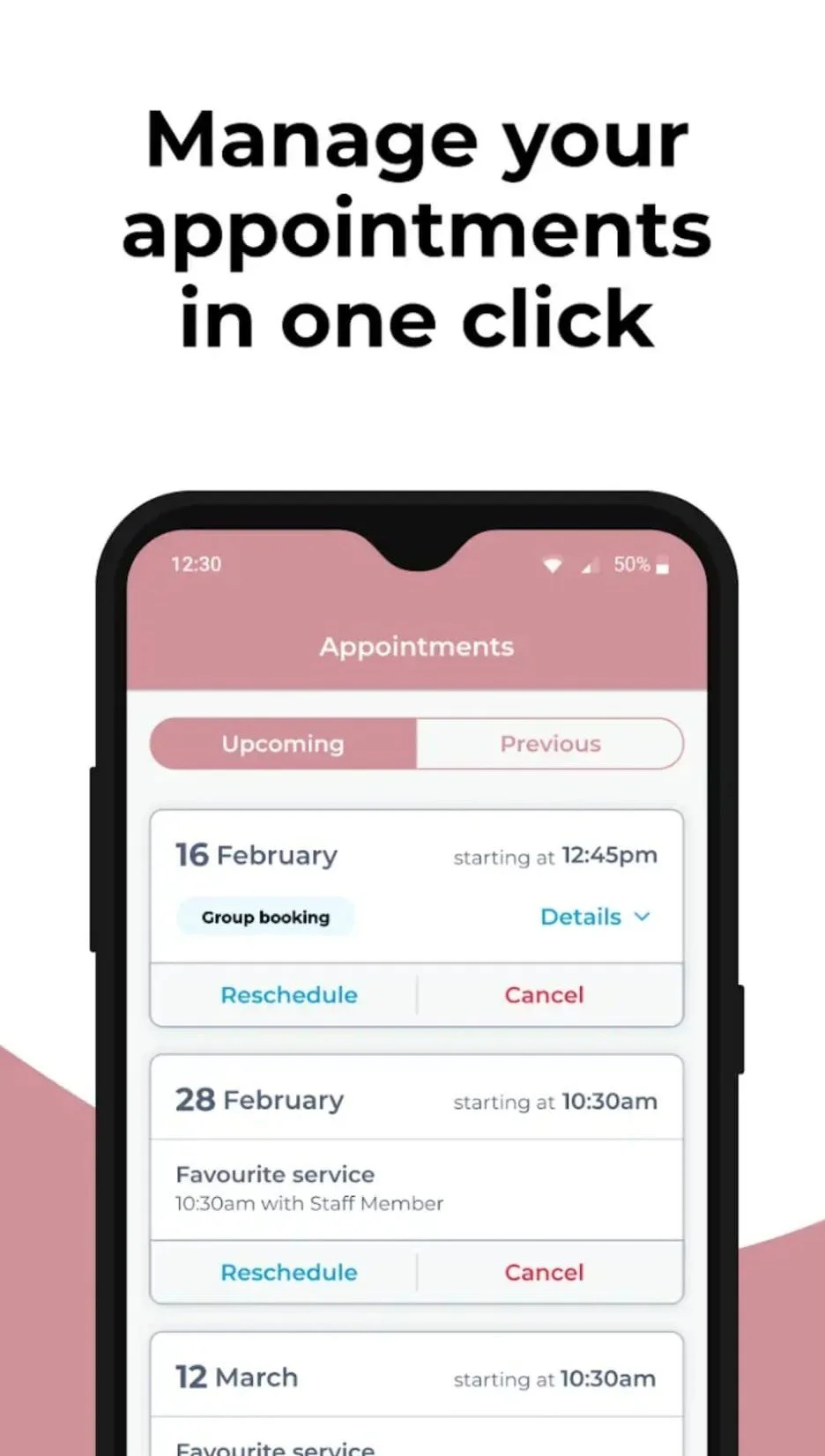 Smartphone screen displaying appointment management app with upcoming and past appointments for February and March.