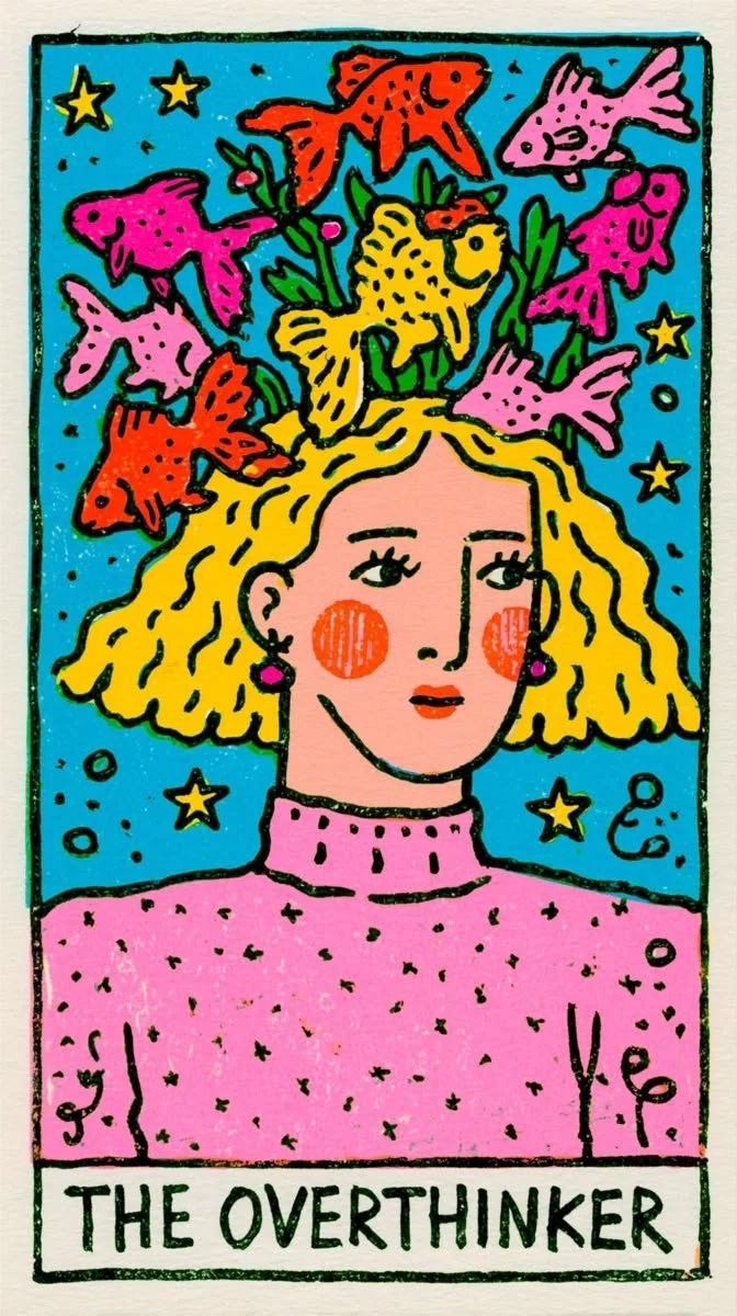 Illustration representing overthinking, anxiety, and a mind crowded with thoughts.