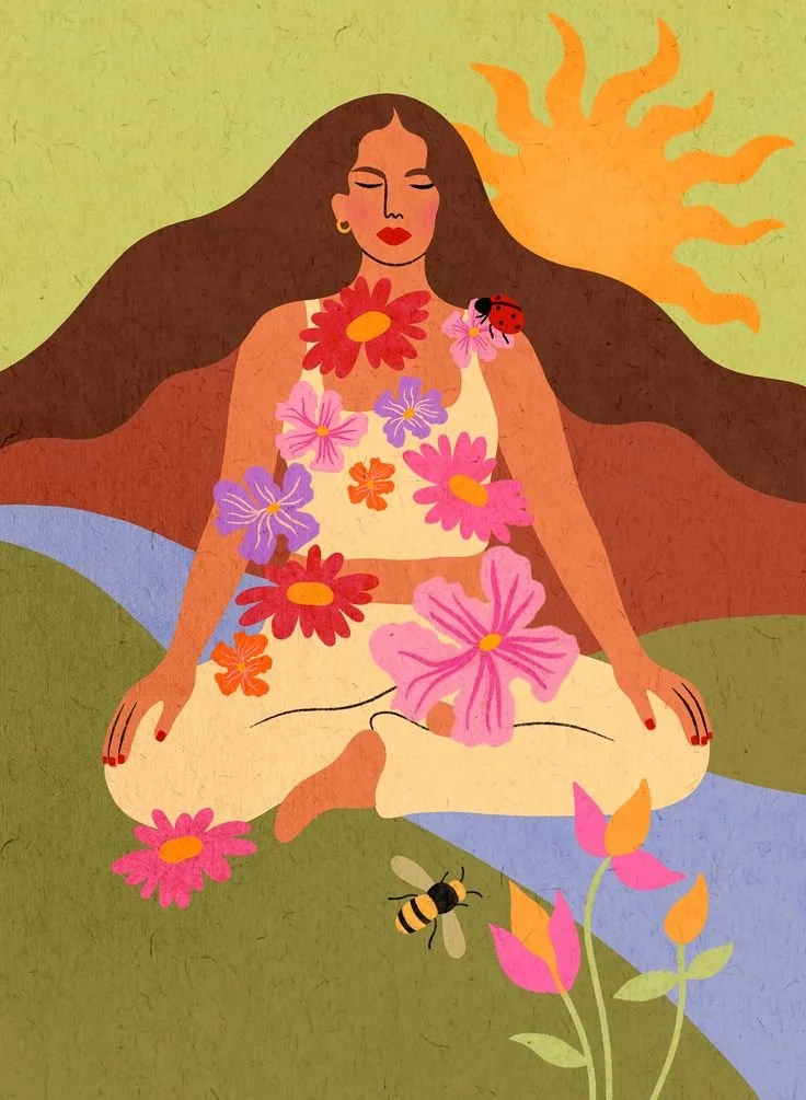 Illustration of a woman meditating outdoors with flowers, a bee, and a ladybug, under a sun in the sky.