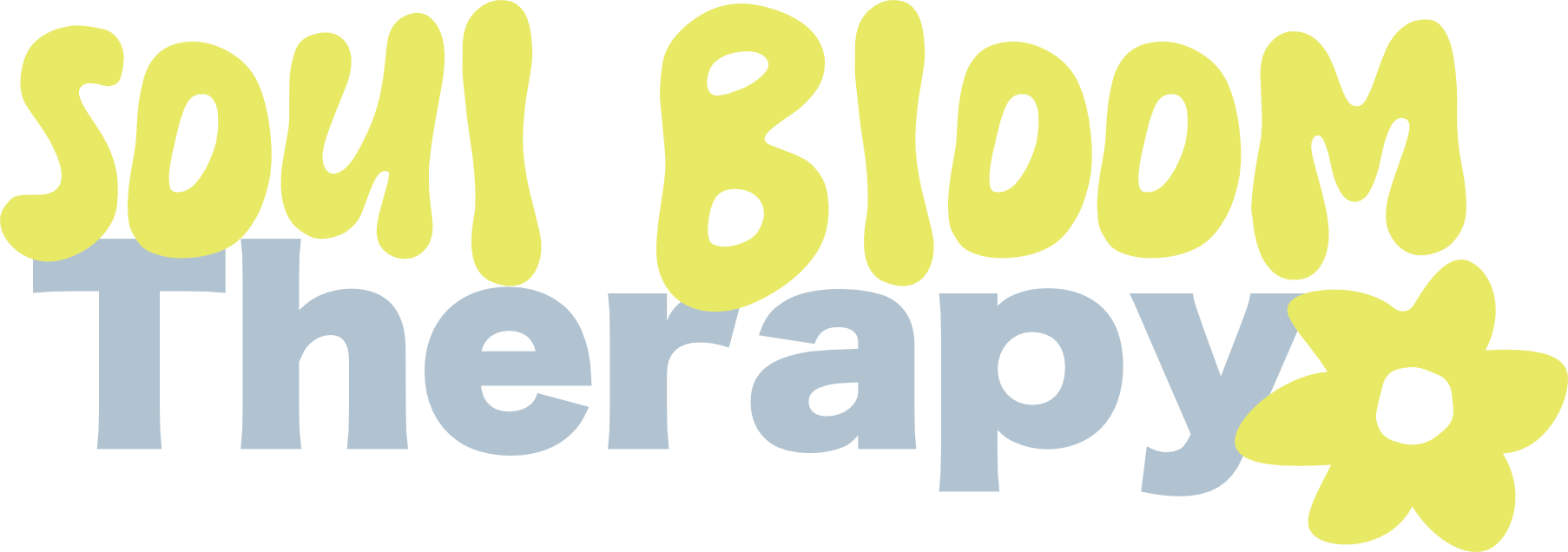 Colorful text that says "Soul Bloom Therapy" with a flower illustration.