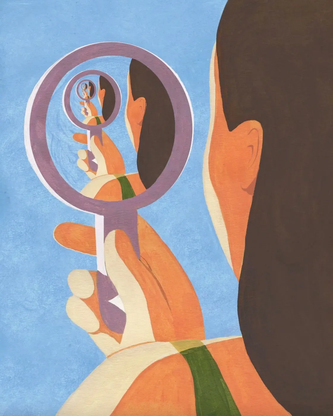 Illustration of a person looking into a mirror with repeated reflections, representing self-exploration, identity, and deeper self-understanding.