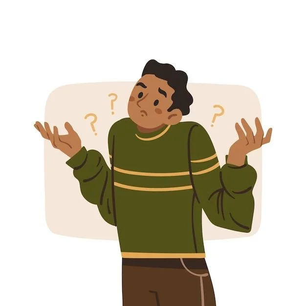 Illustration of a person with a puzzled expression, shrugging with arms out, surrounded by question marks.