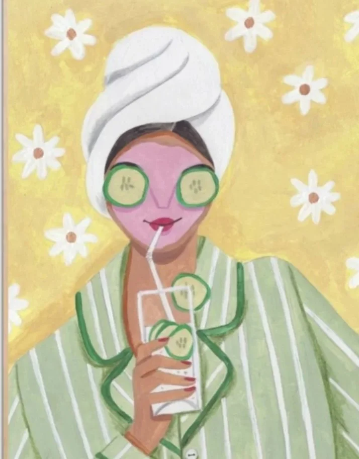 A woman with a towel wrapped around her head, wearing sunglasses made of cucumber slices, and a green and white striped shirt, sipping a drink with cucumber slices and a straw, set against a background of daisies.