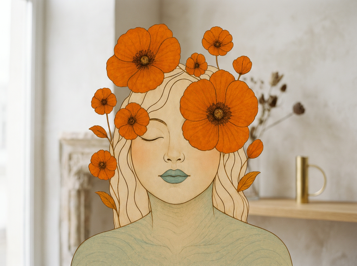 Art print of a woman with closed eyes and teal lips, surrounded by orange flowers in her hair, in a living room with a wooden shelf and a gold mug in the background.