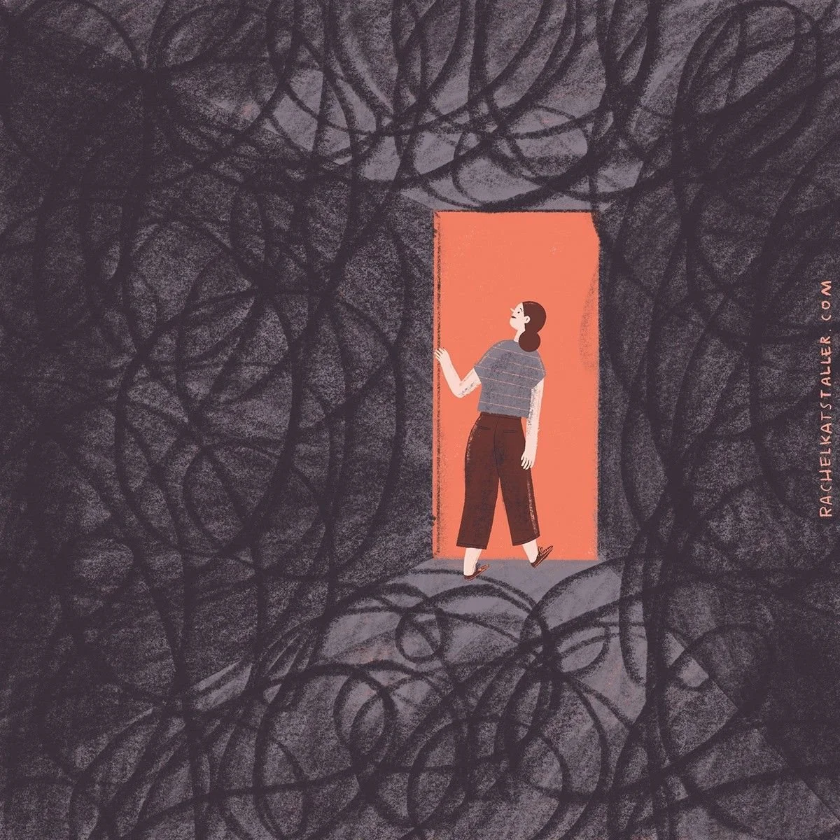A woman standing in an open door, surrounded by dark, tangled lines that resemble a chaotic background.