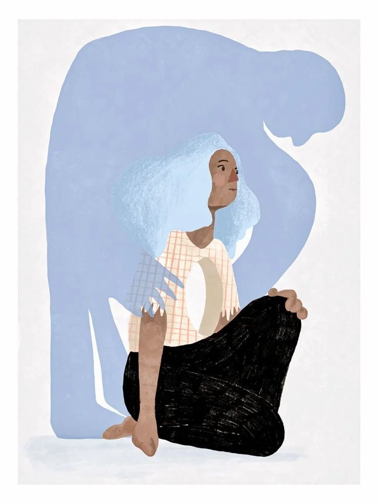 Illustration of a woman sitting with a larger silhouette behind her, representing inner parts, self-awareness, and emotional healing.