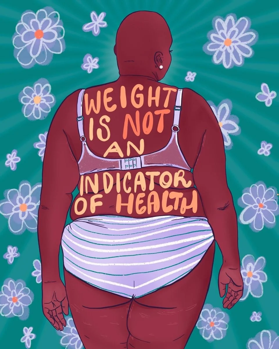 Back view of a person with a bald head, wearing striped underwear, with the phrase "WEIGHT IS NOT AN INDICATOR OF HEALTH" painted on their back, surrounded by illustrated flowers and butterflies.
