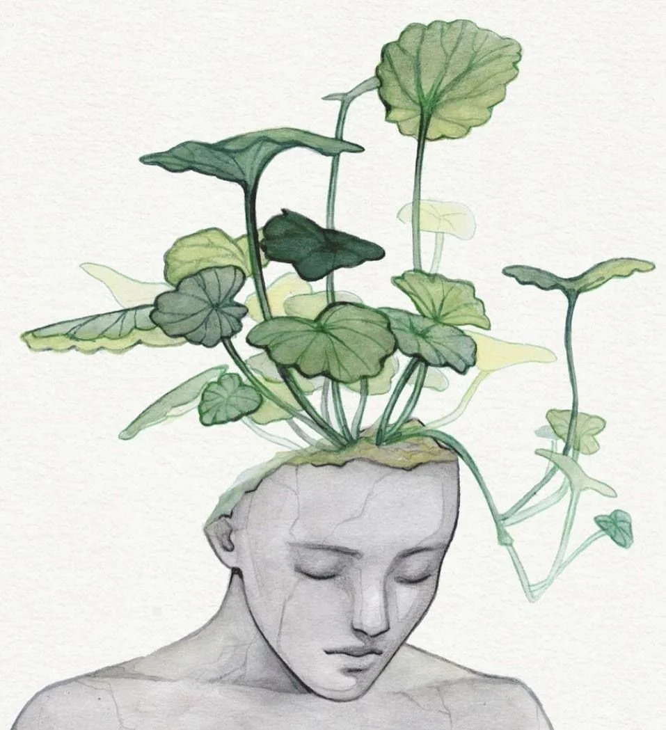 A pencil sketch of a person's head with closed eyes, with green plants and leaves growing from the top of the head, resembling hair.