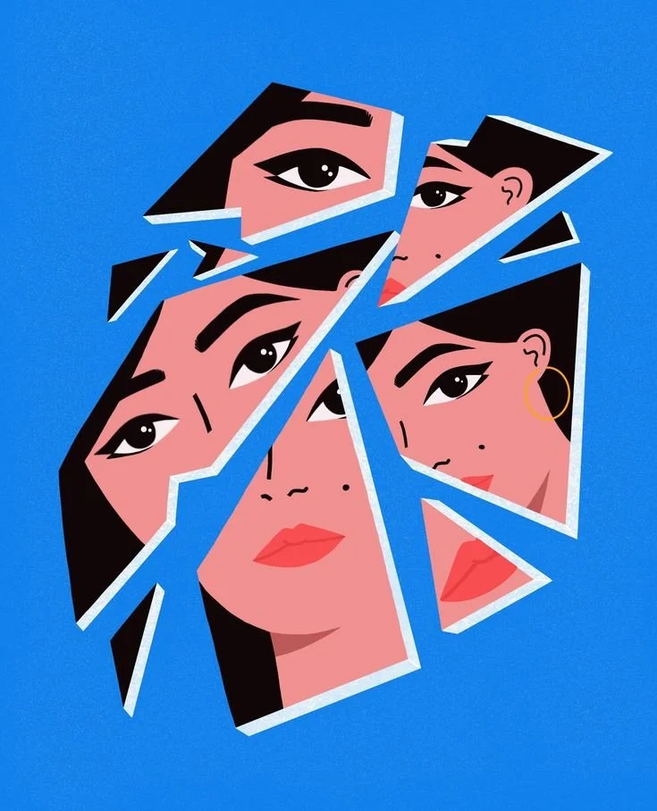 Illustration of a face divided into multiple pieces, representing different parts of the self, inner complexity, and self-discovery.