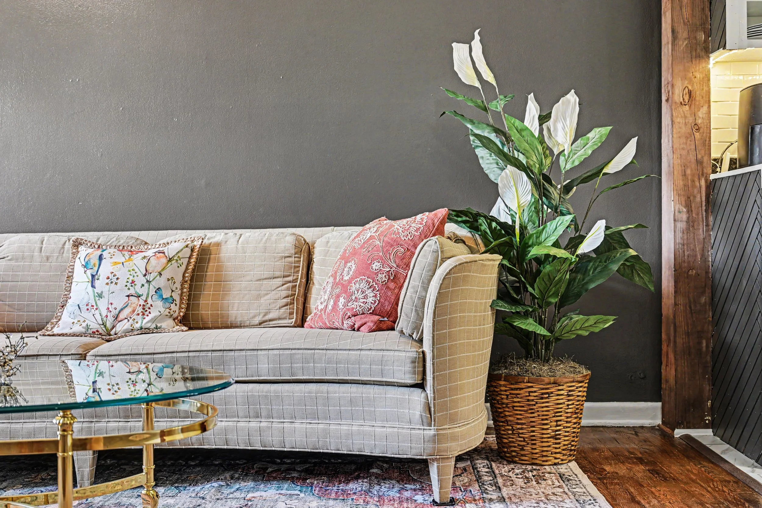 Detailed view of living room with couch and lily plant