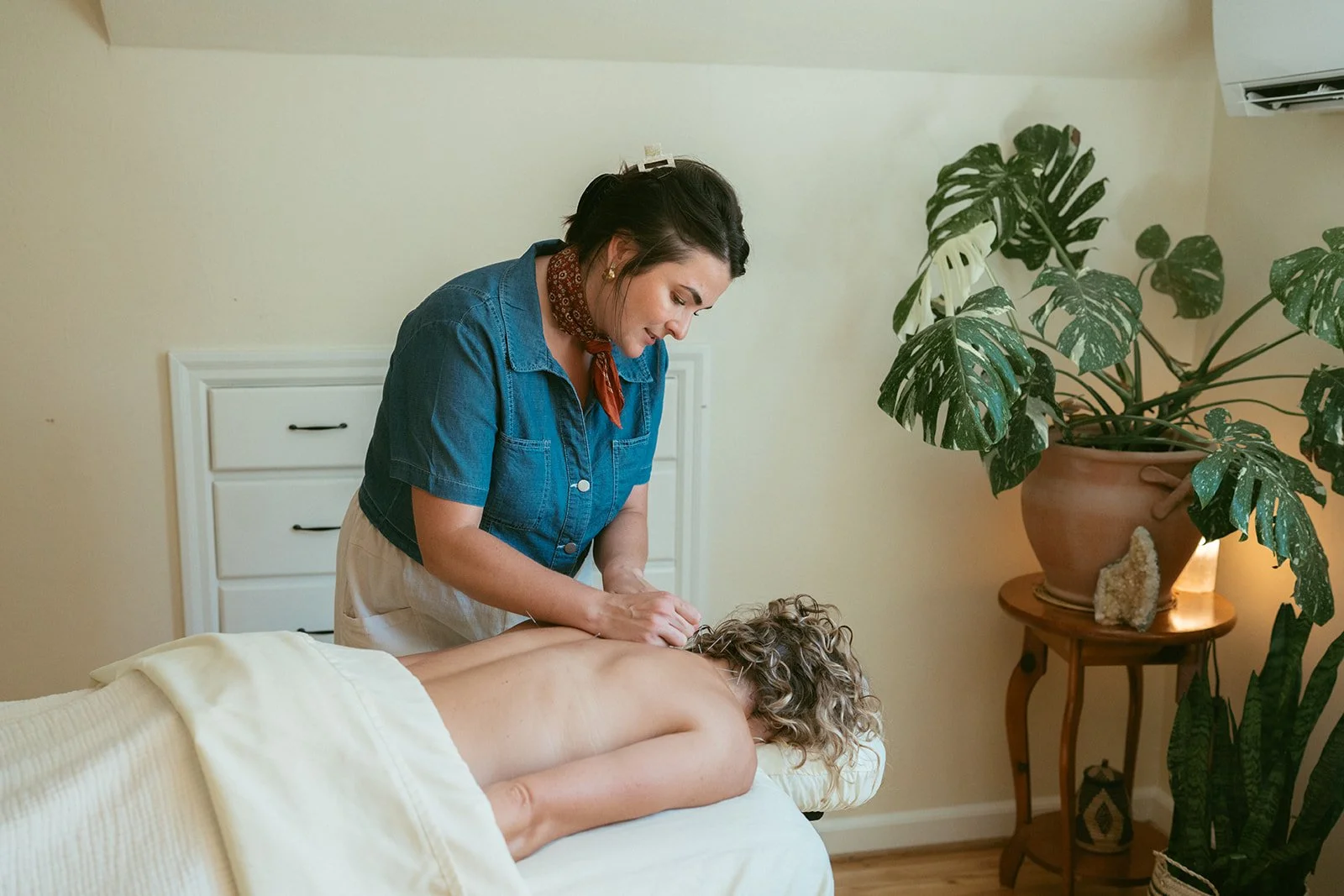 A woman giving a massage to another woman lying face down on a massage table in a room with cream-colored walls and a large potted plant.