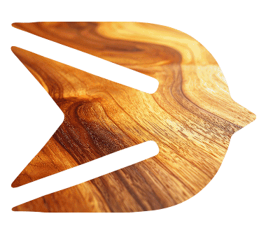 Cutout of a wooden arrow logo with a natural wood grain texture