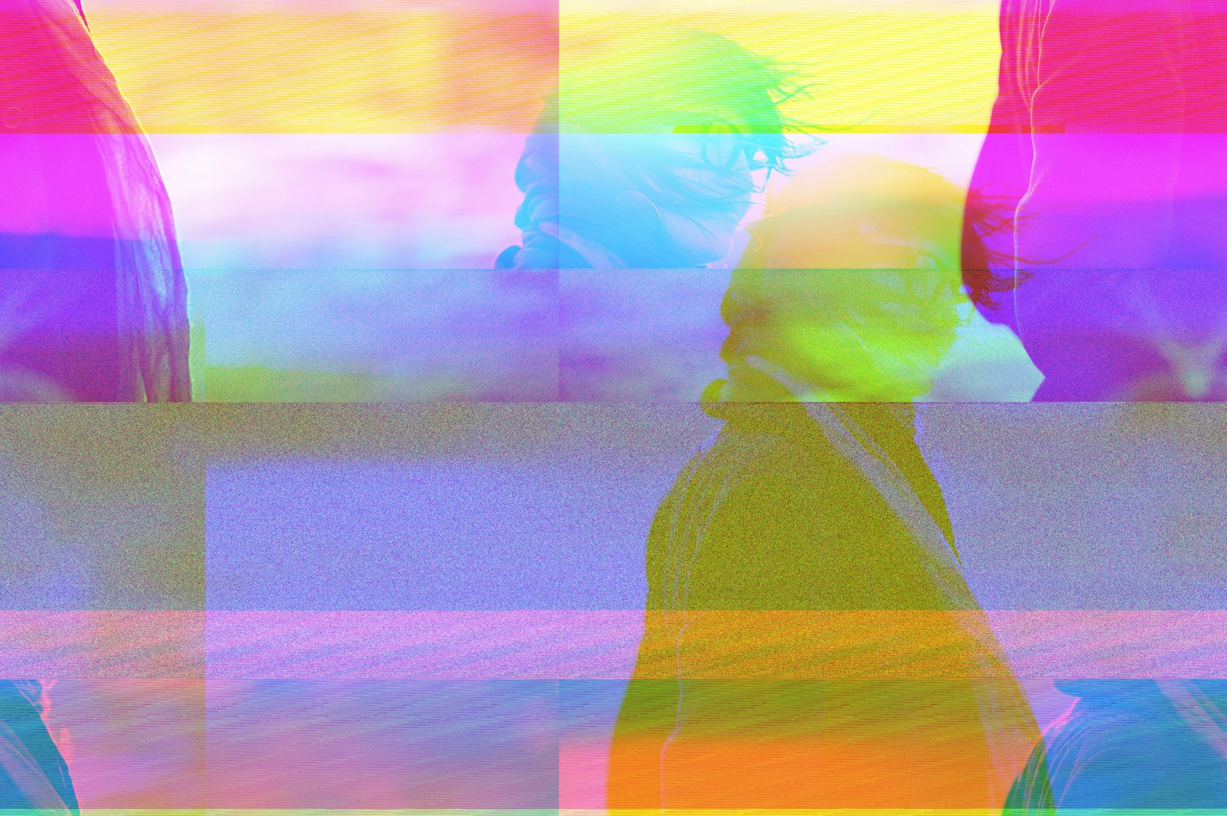 Person with short hair holding a microphone and singing, with colorful, distorted effect.