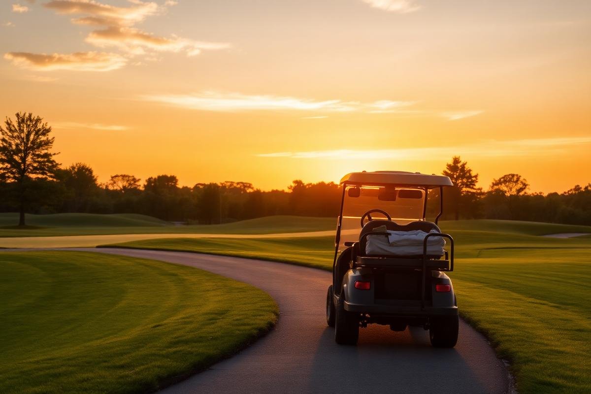A golf cart driving on a winding path on a golf course during sunset with trees and green grass.
