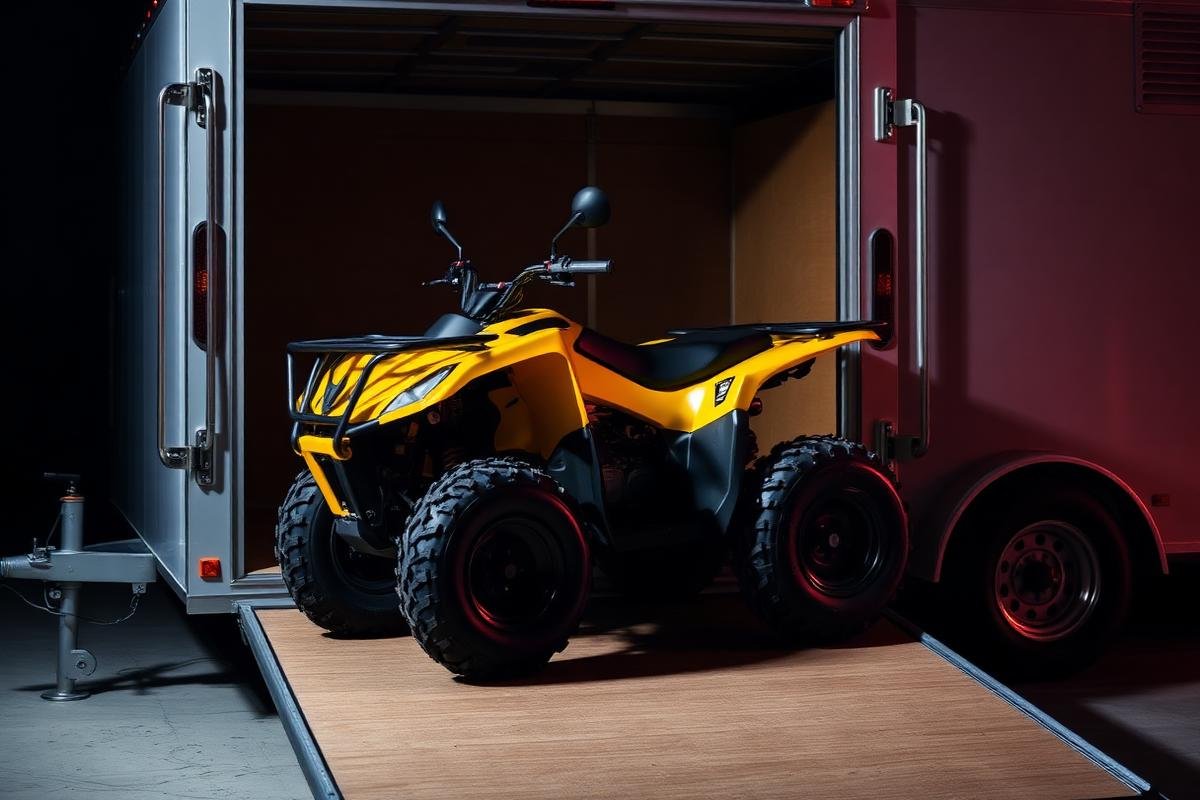 Yellow off-road all-terrain vehicle inside a transport trailer with a ramp down.