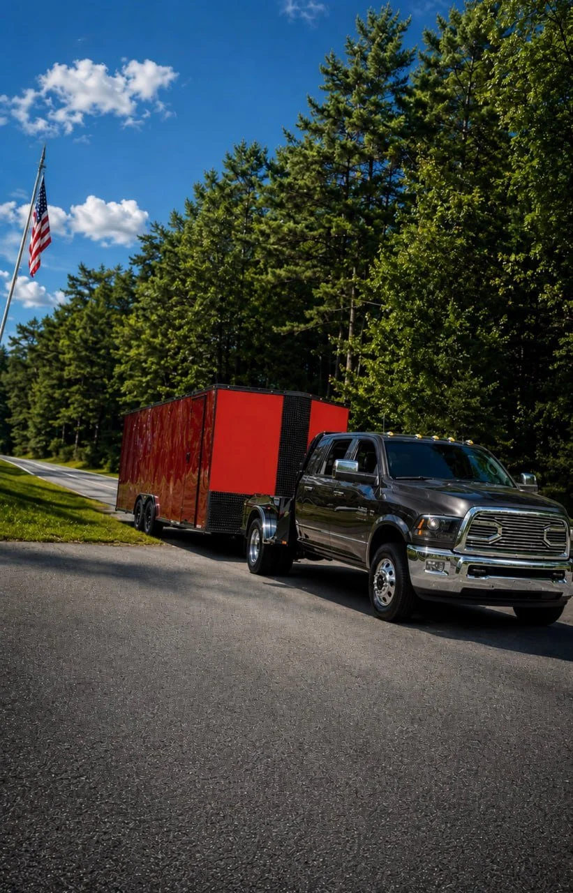 A black pickup truck towing a large red trailer parked on the side of a road, with green trees and an American flag flying on a flagpole in the background, under a blue sky with some clouds.