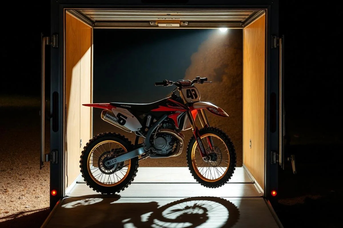 A dirt bike inside a well-lit transport trailer at night, with a shadow cast on the floor.