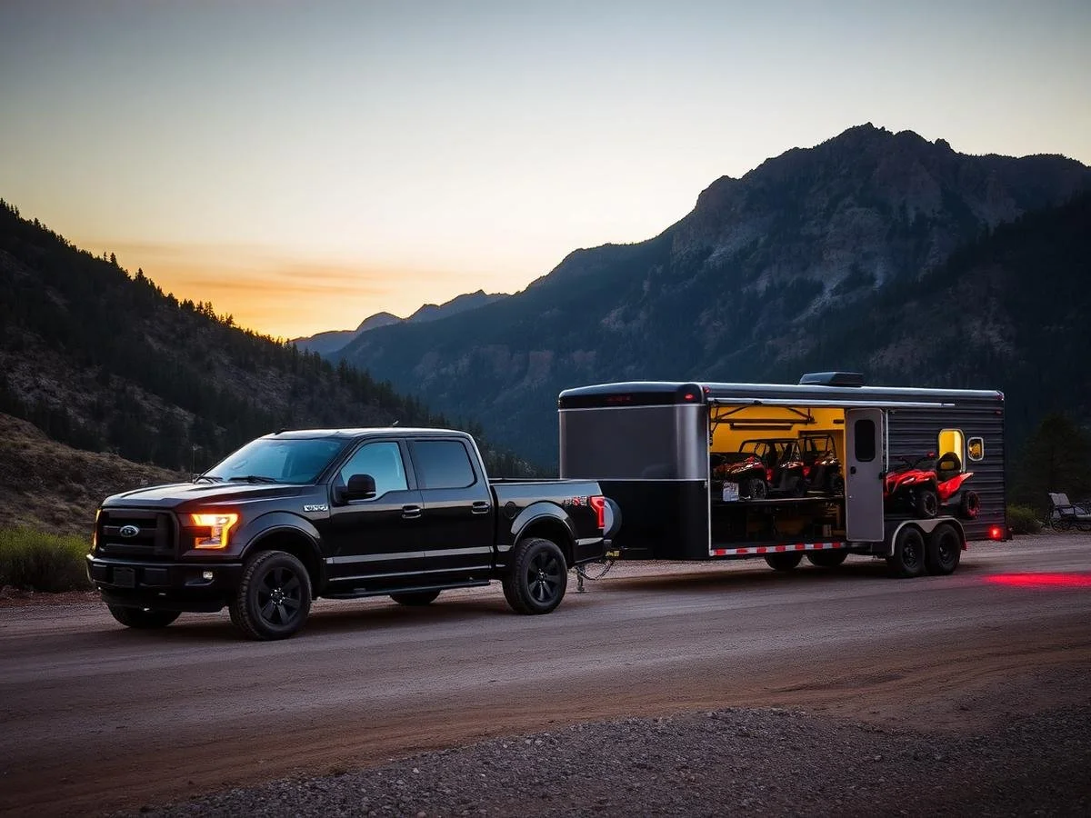 Black pickup truck towing a large enclosed trailer with a motorcycle and ATV inside, parked near mountains during sunset.