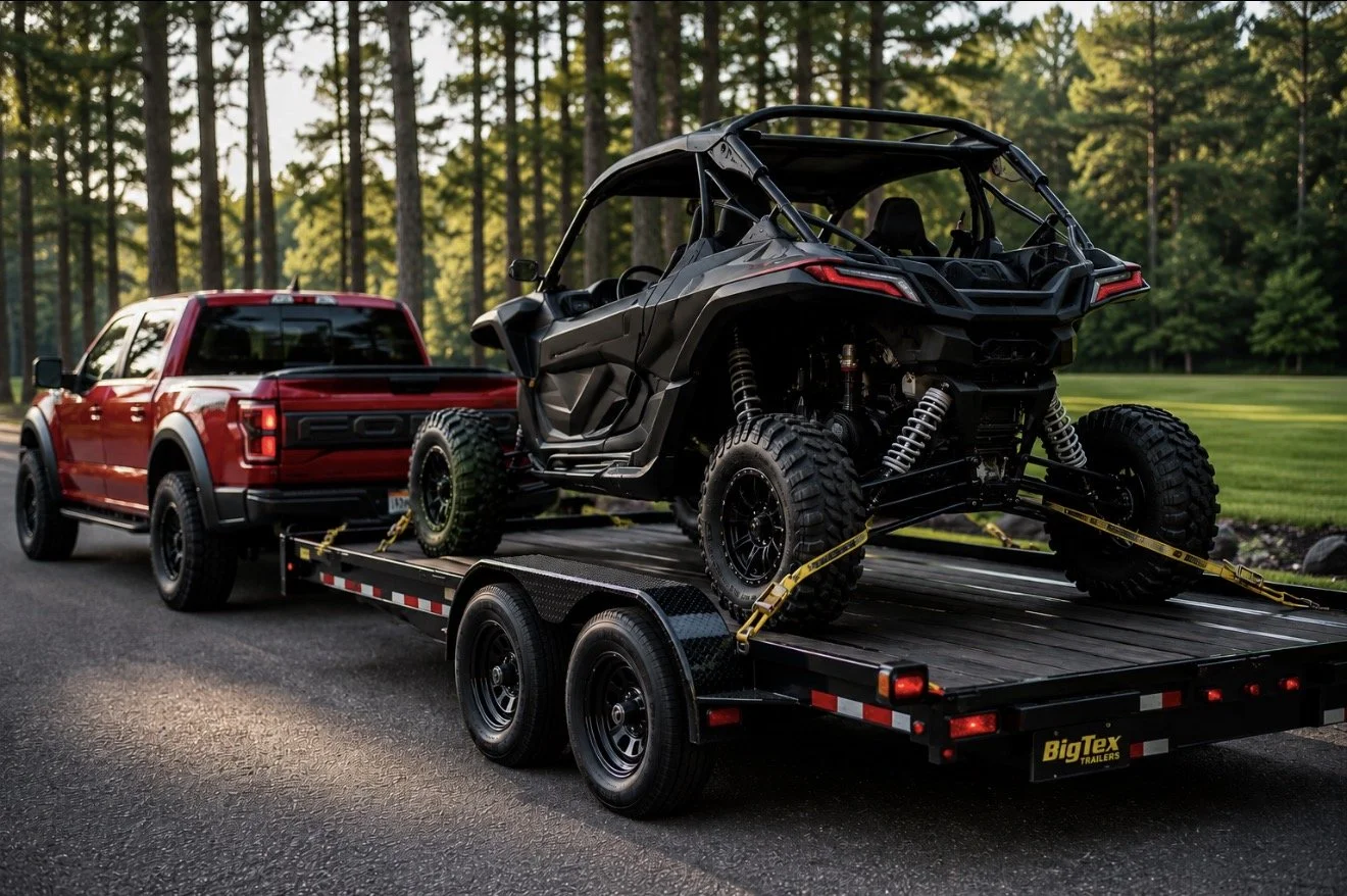 A red pickup truck hauling a flatbed trailer carrying an off-road vehicle with large tires and suspension.