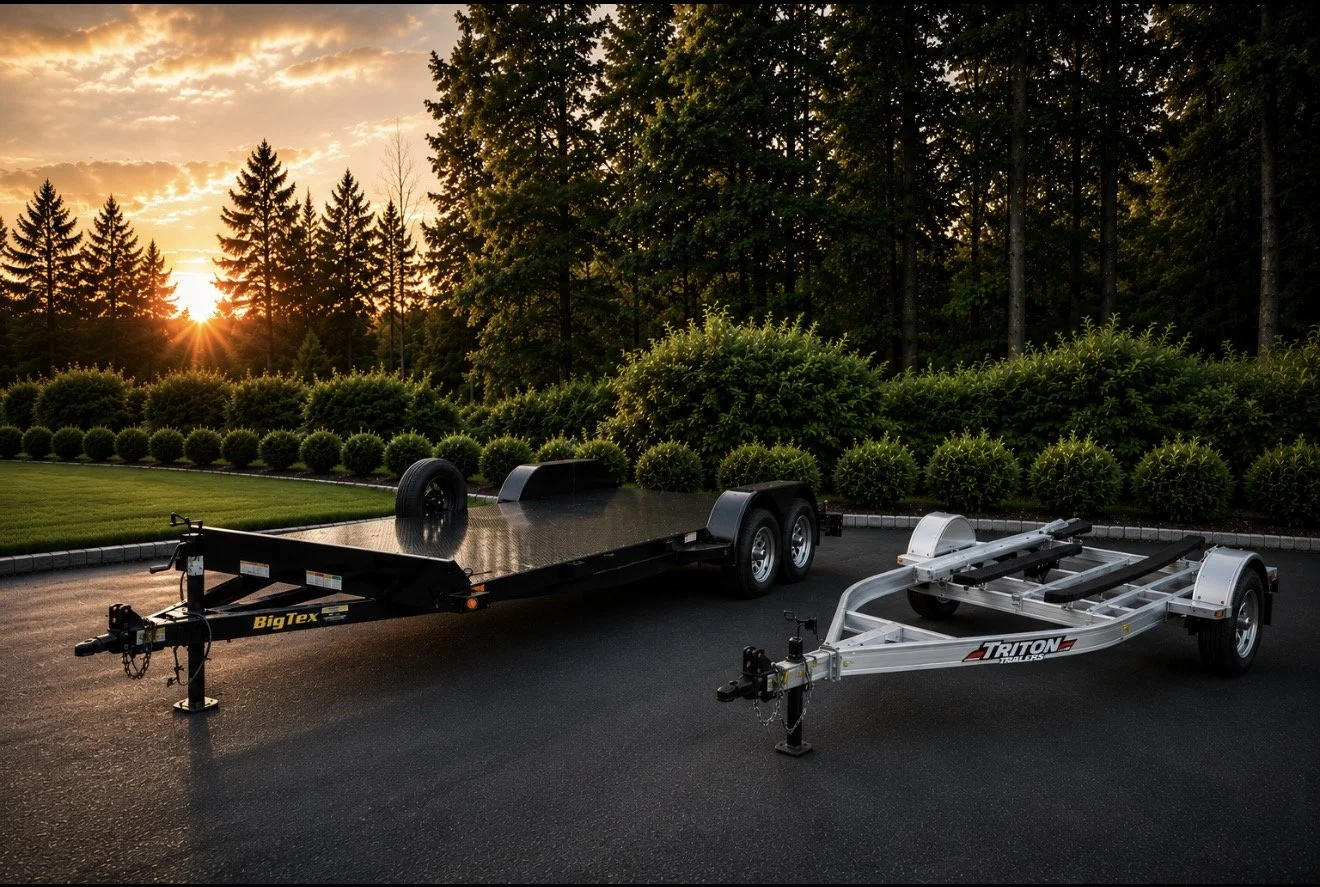 Two boat trailers parked on asphalt with trees and bushes in the background at sunset.