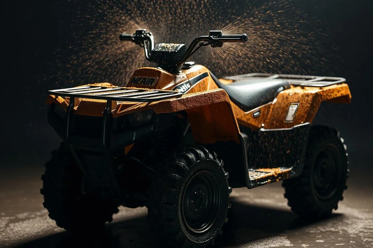 A rugged orange ATV with off-road tires, wet and splashing water, on a dark background.