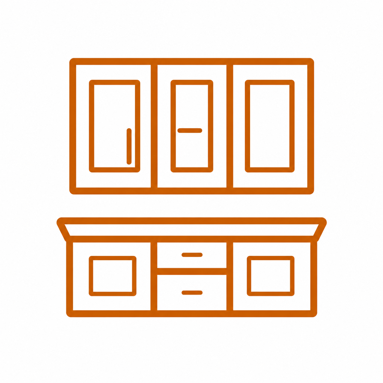 Outline drawing of a cabinet with glass doors on top and solid doors on the bottom, featuring a central drawer.