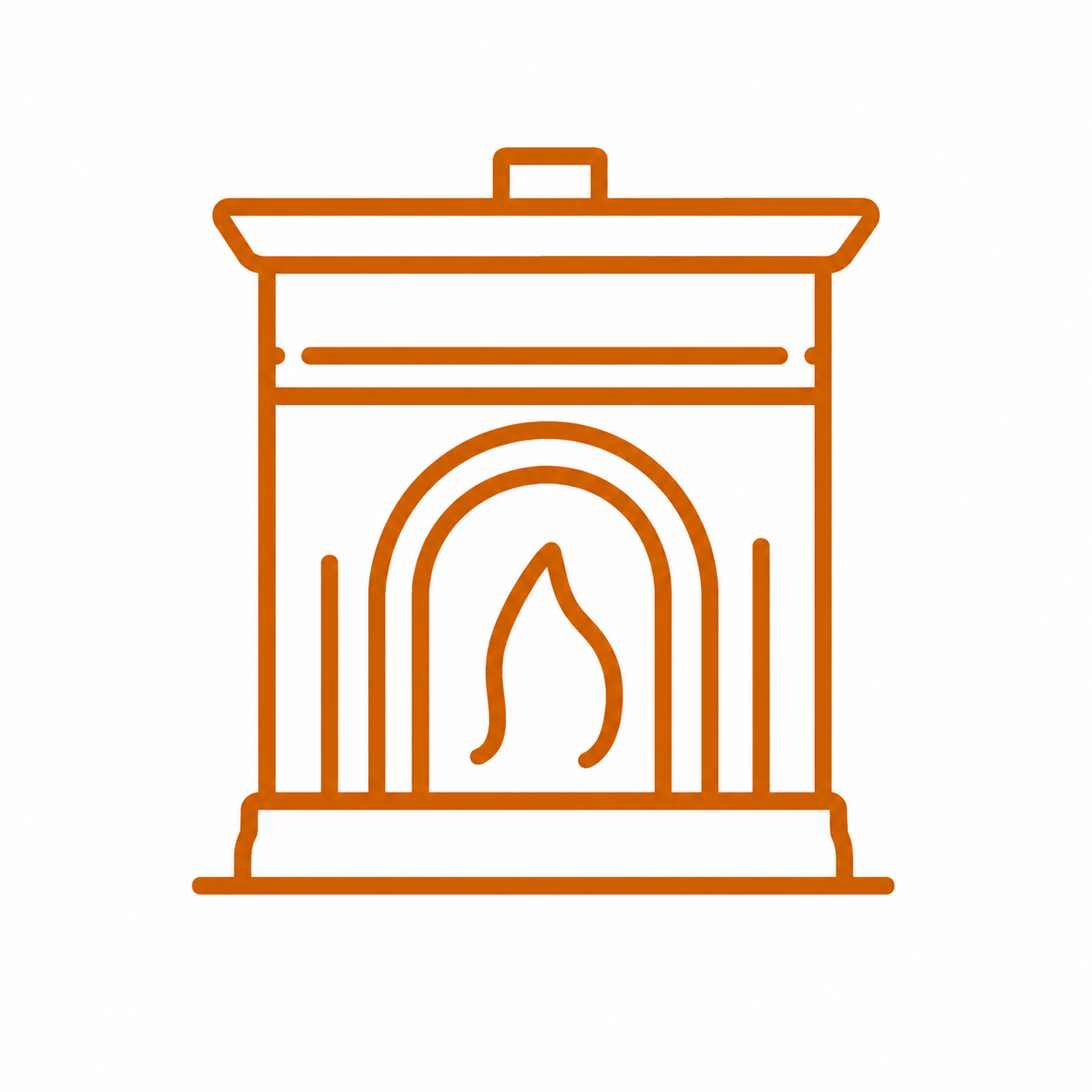 Line drawing of a fireplace with a flame inside, outlined in brown.