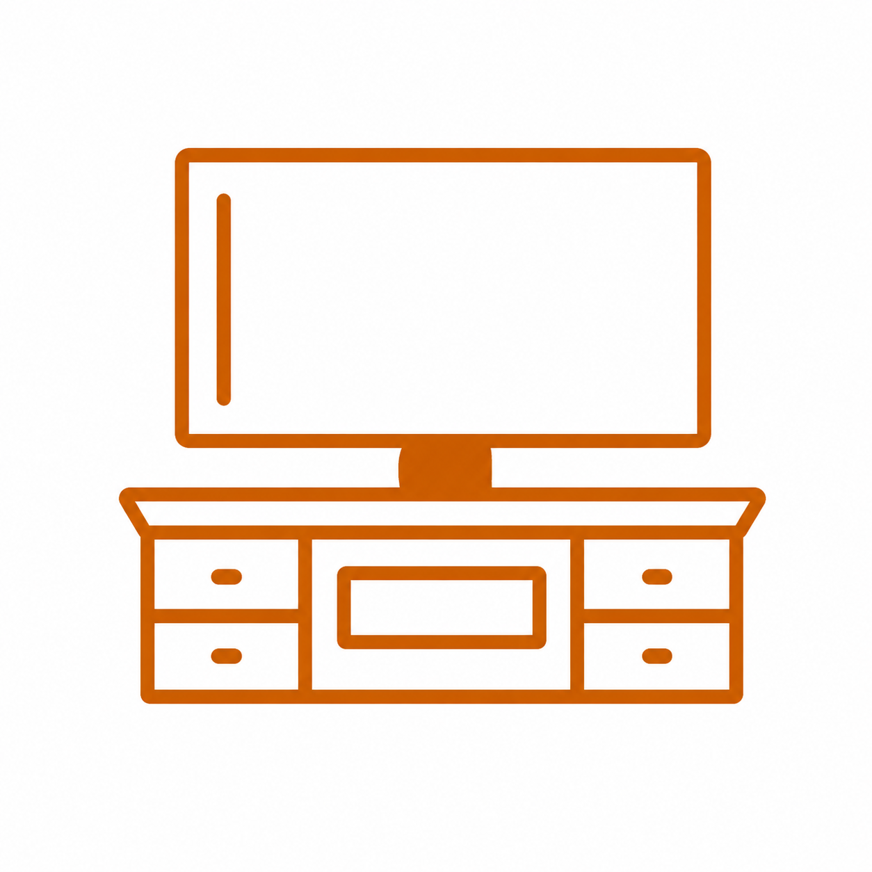 Outline of a television on a stand with drawers, drawn in orange lines.