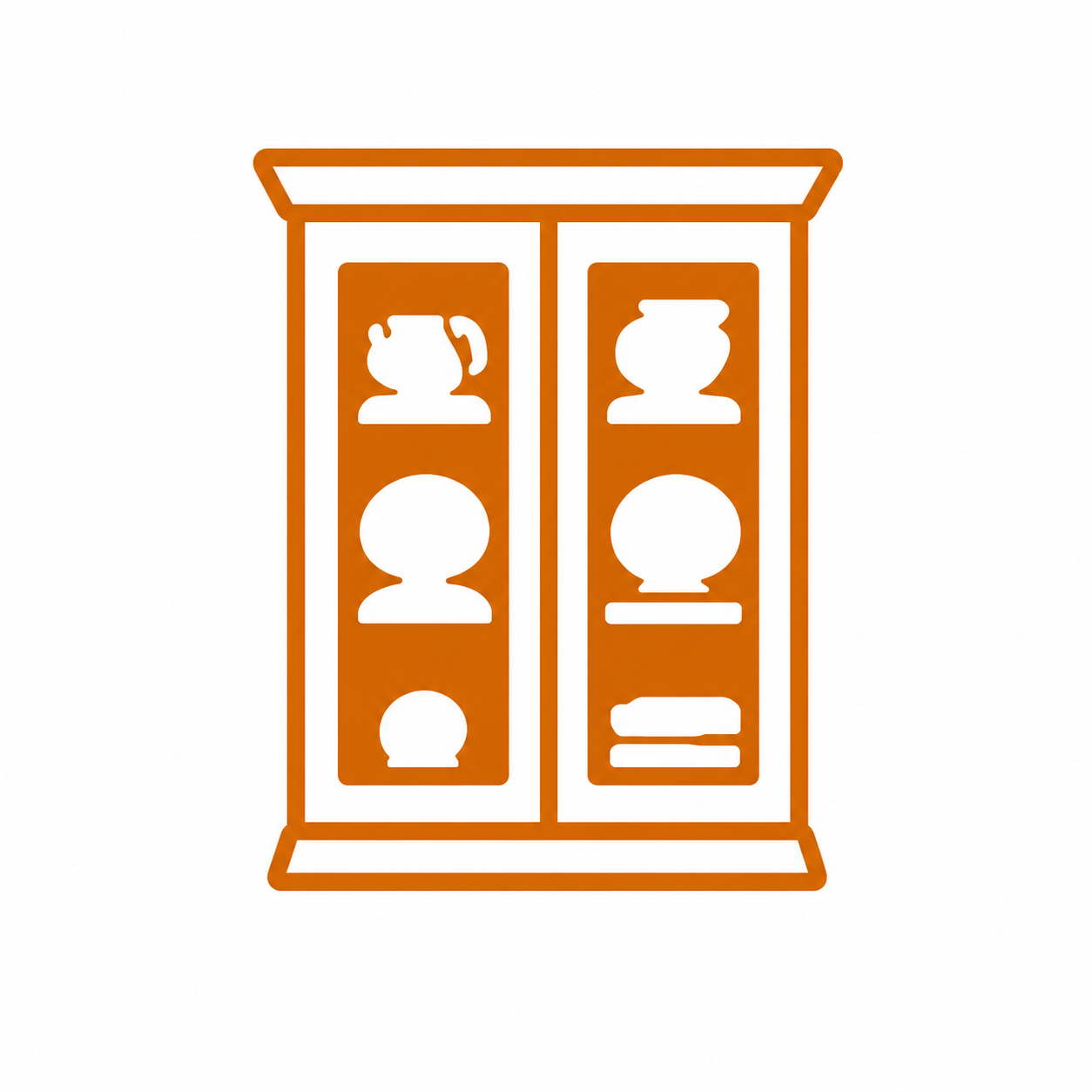 Stylized illustration of a wooden cabinet with six shelves, three on each side, containing various shapes of vases and containers.