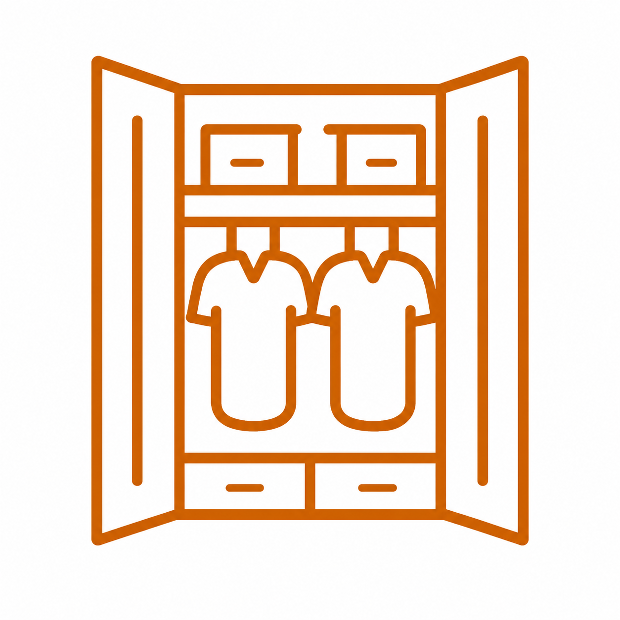 Line drawing of a wardrobe with hanging clothes, shoes, and storage shelves inside.