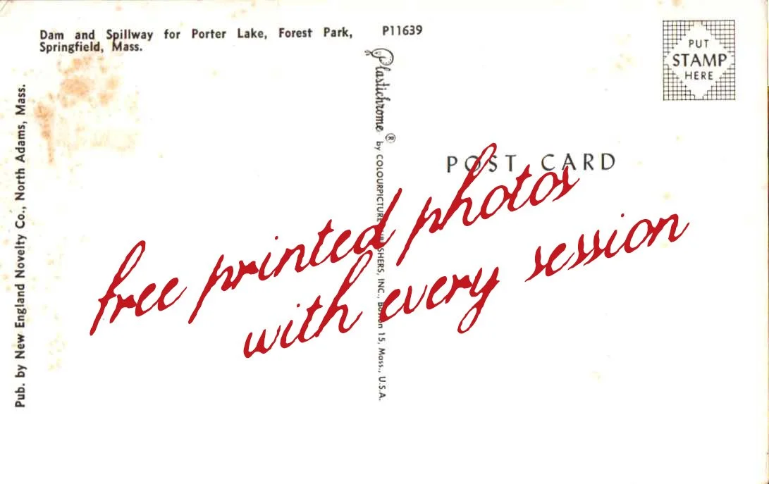Front side of a vintage postcard for Porter Lake, Forest Park, Springfield, Massachusetts, with a message overlaid in red cursive text reading 'free printed photo with every issue'.