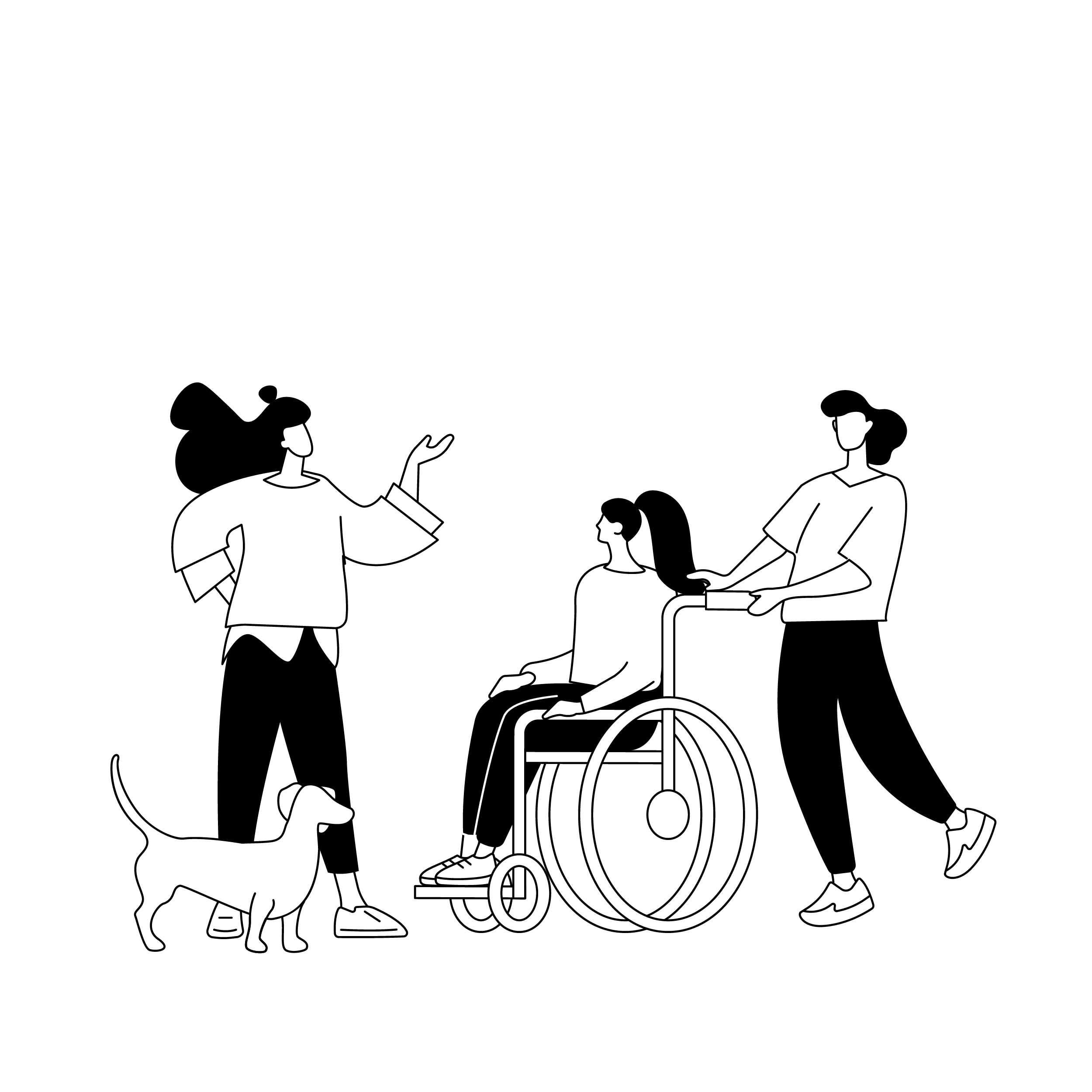 Black and white illustration of four people having a conversation, including a person in a wheelchair, with speech bubbles above their heads.