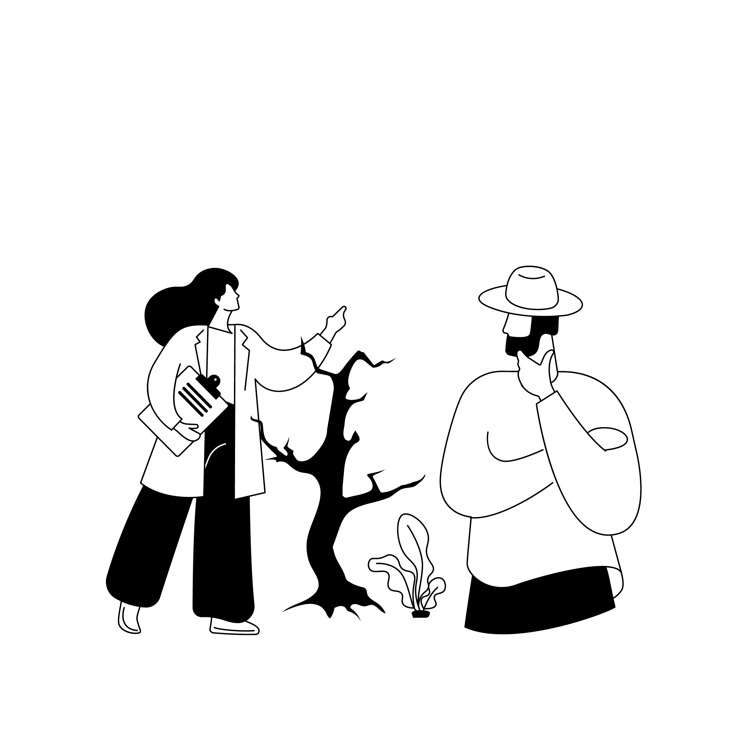 Black and white illustration of two people, one wearing a hat, engaging in conversation with plants growing between them.