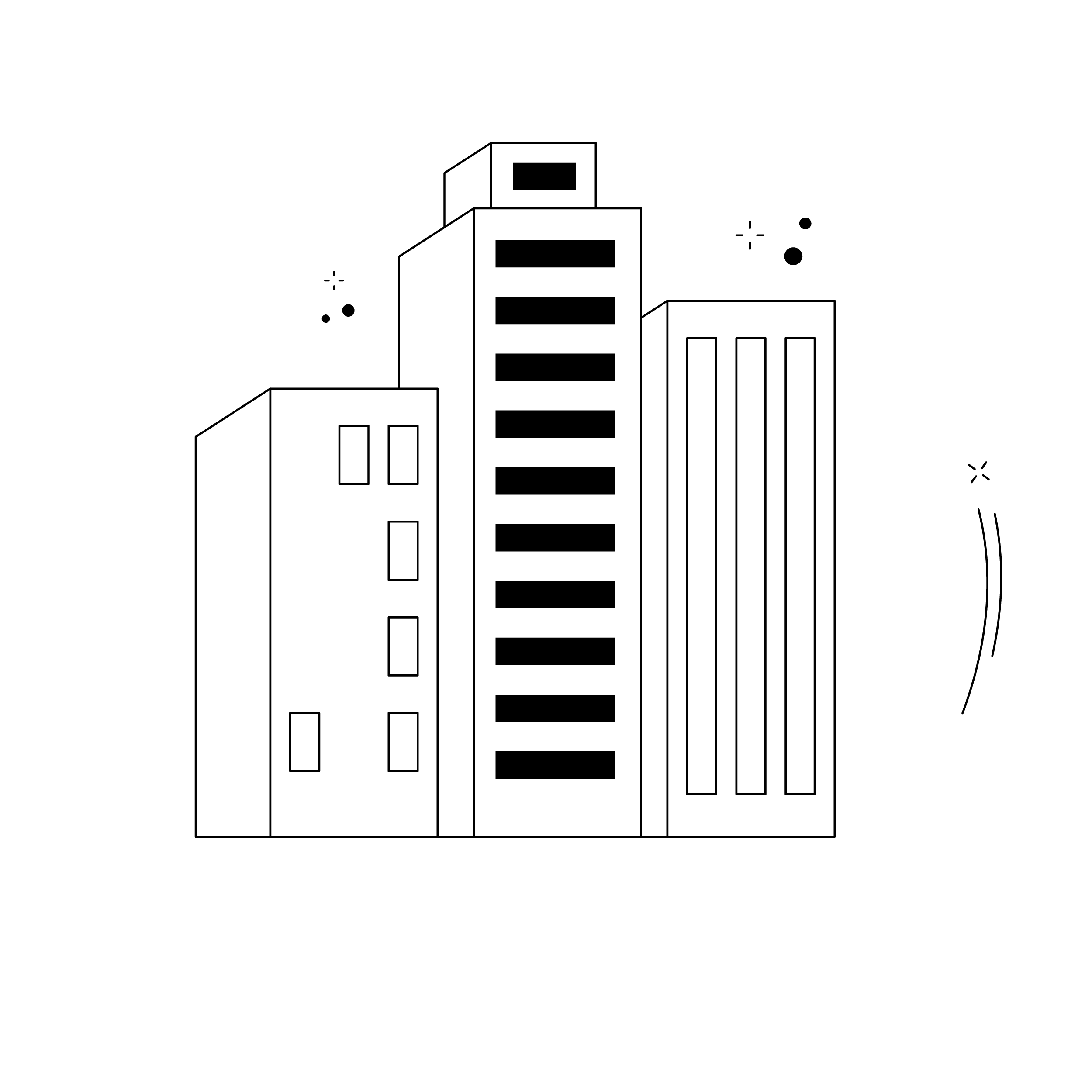 Outline drawing of several buildings, including one tall building with five floors, and a shorter building with three floors, all depicted in black and white.