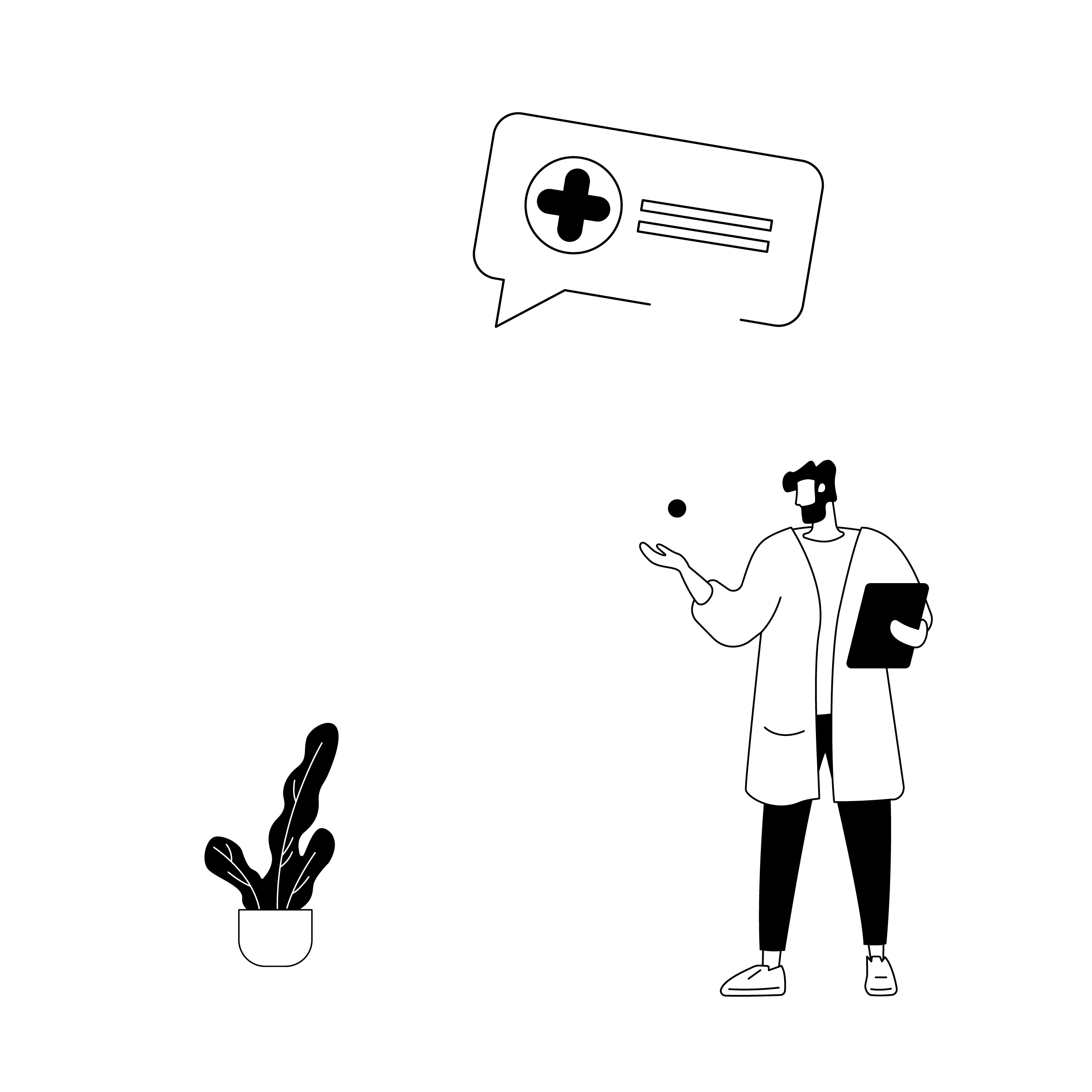 Line drawing of a person with a moustache, wearing a hat, business coat, and shoes. The person is holding up a hand, standing next to a potted plant with branches.