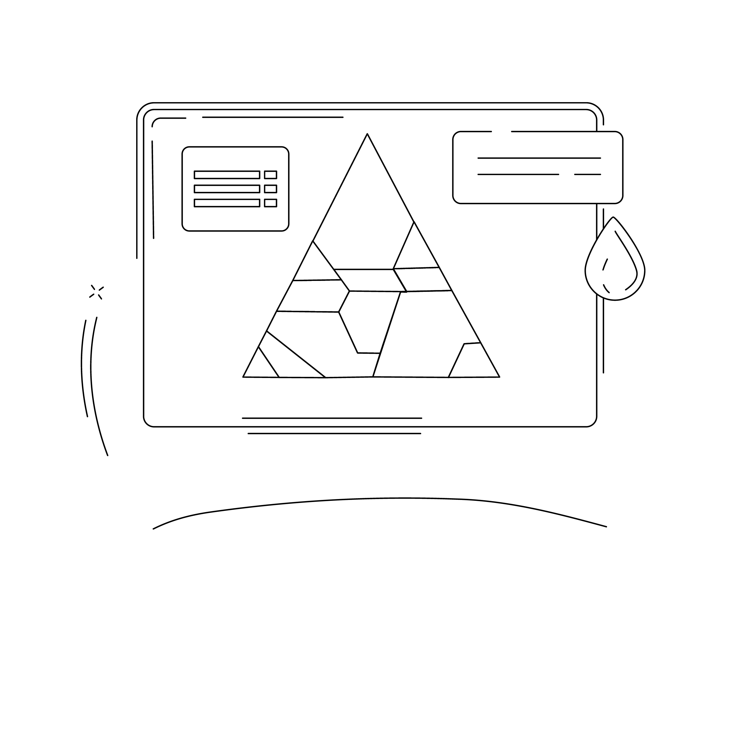 Line drawing of a computer monitor displaying a geometric pattern, a coding window, and a water droplet icon, representing digital design or programming.